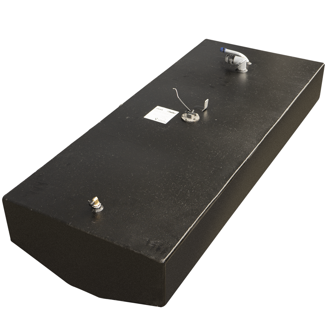 A rectangular, black fuel tank with a textured surface, shown at an angle. The top of the tank features a small brass fitting near one corner, a circular opening with a metal arm and wires, and a larger angled fitting with a blue-capped tube on the opposite side