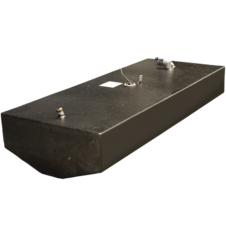 OEM replacement fuel tank for a 2001 Pathfinder 2200V, 56-gallon net capacity, shown with fittings and components on a black rectangular aluminum tank, angled with a trapezoidal base