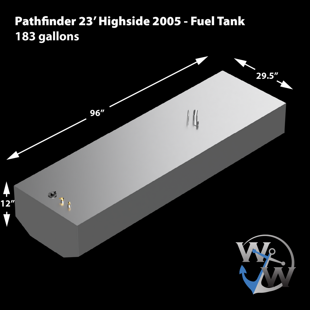  A gray fuel tank for the Pathfinder 23' Highside 2005, holding 183 gallons, with dimensions of 96 inches long, 29.5 inches wide, and 12 inches high. The tank features several ports on the top and a logo in the corner against a black background