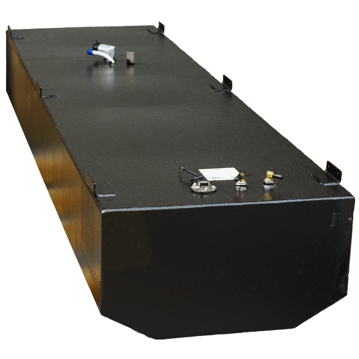  A front view of a gray fuel tank, showing a flat top with several ports, including a fuel gauge and two connector ports, against a black background. The tank has a rectangular shape with slightly angled sides