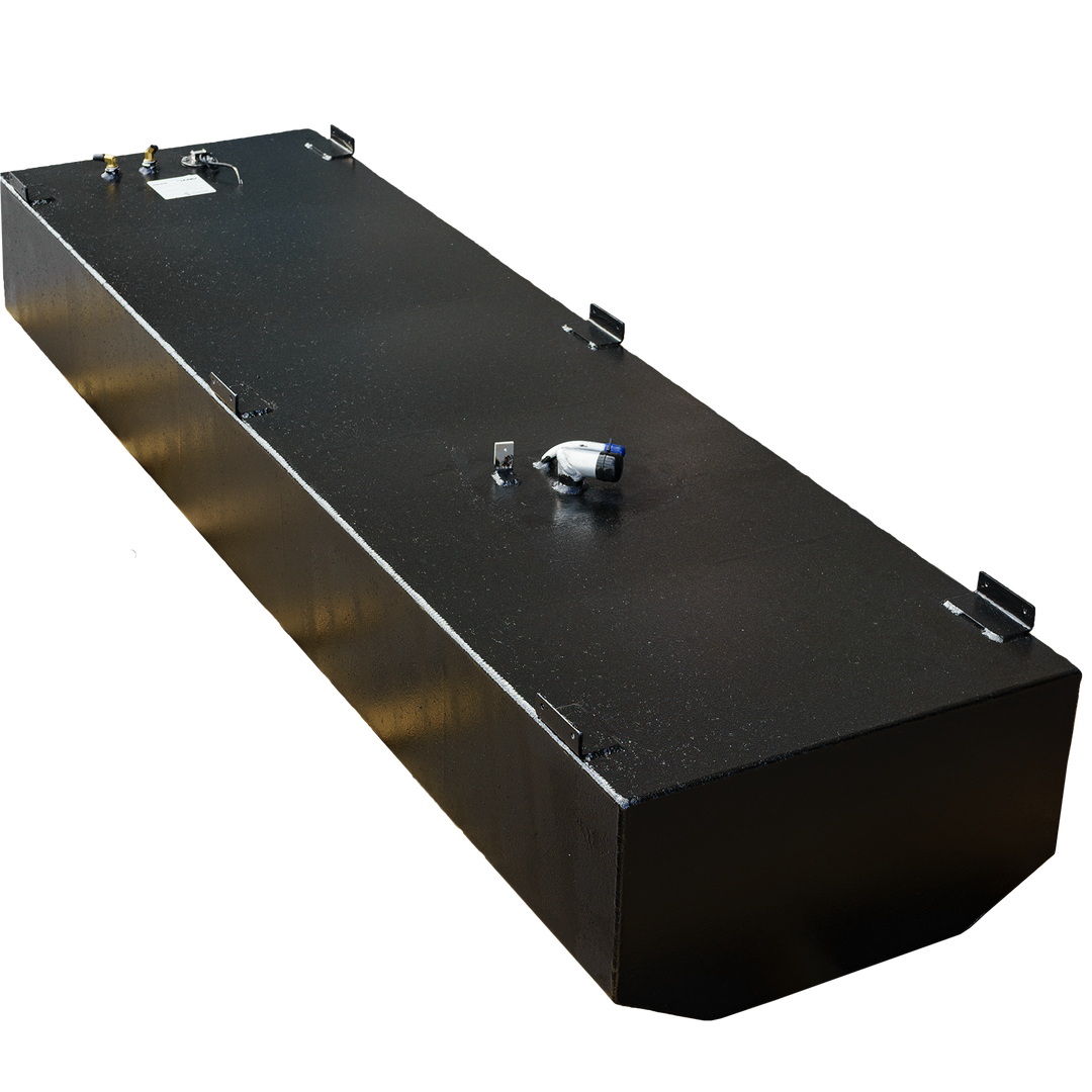An angled view of a rectangular black fuel tank, showcasing a smooth surface with several ports, including a gauge and connectors on the top. The tank features metallic fittings and is set against a transparent checkered background