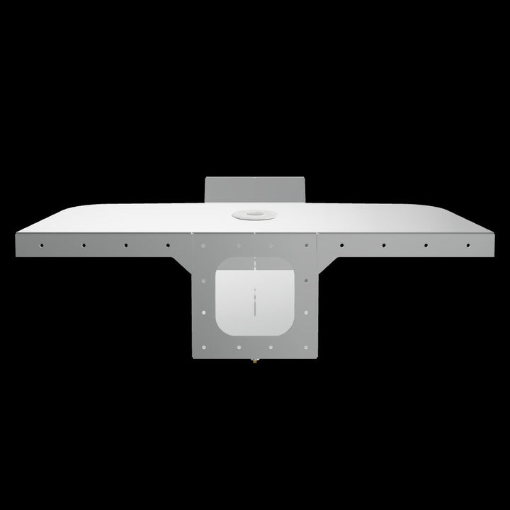 A front view of the Custom Apex Mk. 2 Single Engine Bracket, featuring a wide, flat surface with multiple holes for mounting, a central circular opening, and a rectangular cutout at the bottom. The bracket is designed for single-engine applications and has a sleek, metallic finish