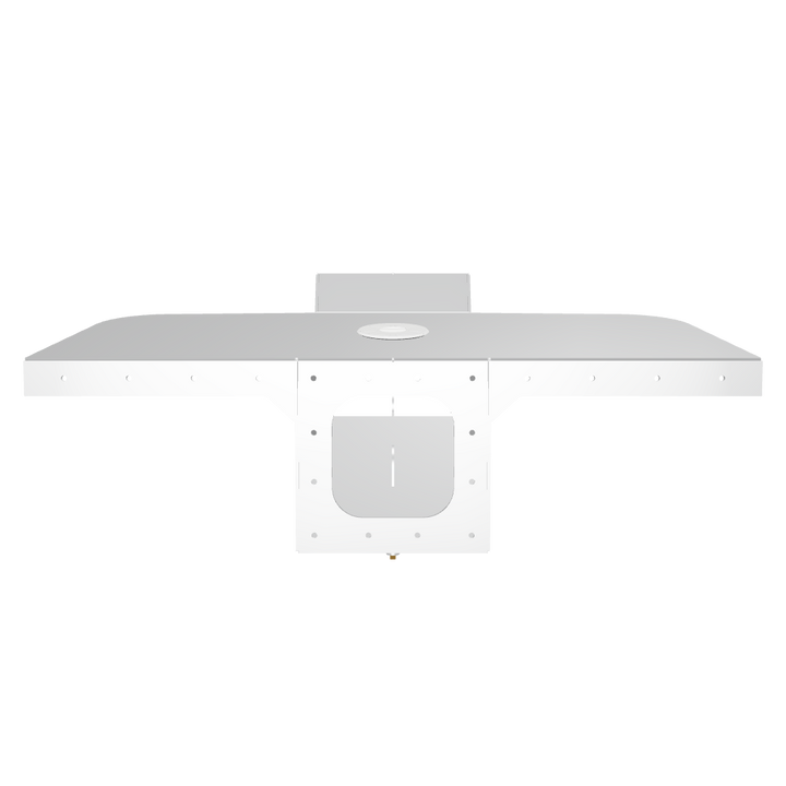 A top view of a Custom Apex Mk. 2 Single Engine Bracket, featuring a wide, flat surface with a central circular opening and multiple mounting holes along the edges. The bracket has a sturdy base with a rectangular cutout in the center, designed for secure engine attachment. The background is black, highlighting the bracket's design