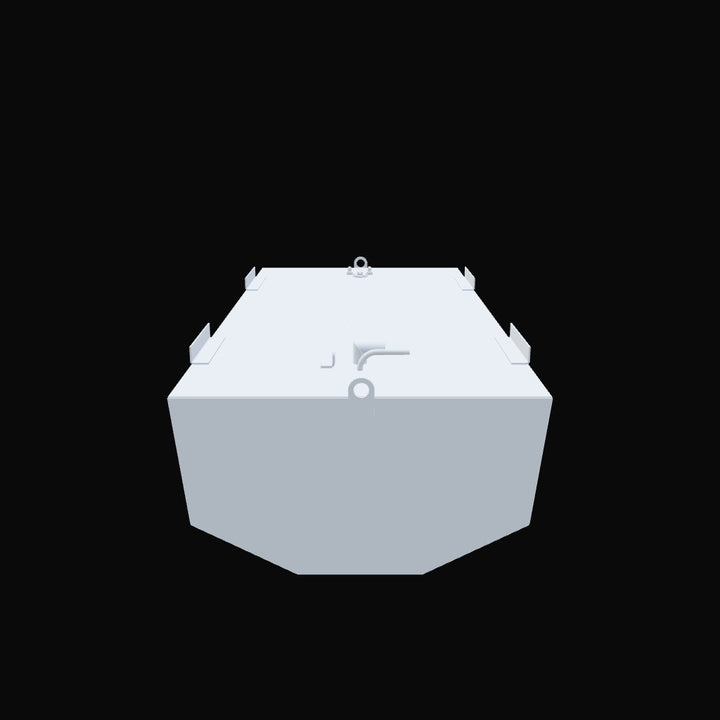 A symmetrical, frontal view of a 3D schematic for a boat's belly fuel tank, shown against a solid black background. The image clearly displays the tank's V-shaped bottom, which is designed to fit the deadrise of a hull. The wide, flat top surface of the light-grey schematic is equipped with four angled mounting tabs on its corners, various pipe fittings for fuel and venting, and a central lifting eye bolt