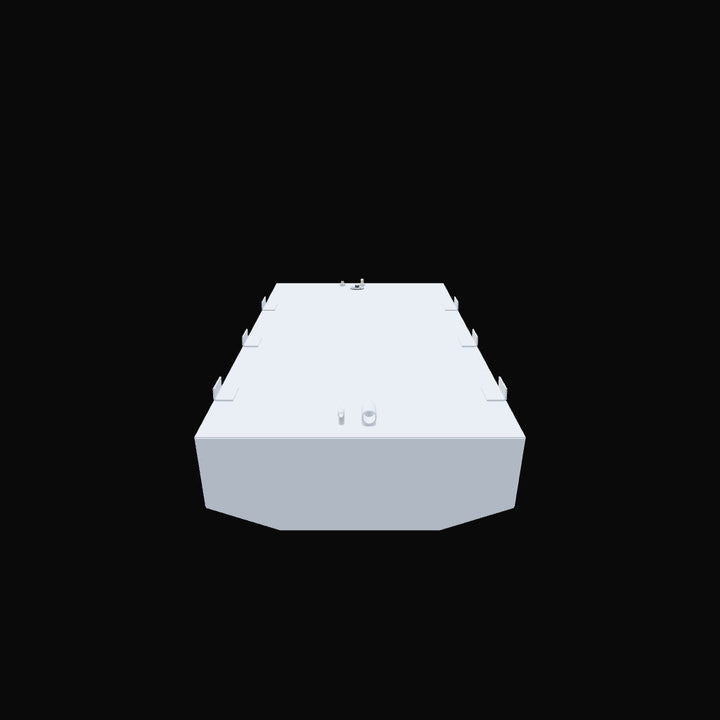 A white, rectangular fuel tank with multiple L-shaped mounting brackets on its sides. The top surface features a variety of fittings, including small, round posts, a U-shaped pipe, and a larger, open cylindrical fitting. The bottom corners of the tank are angled