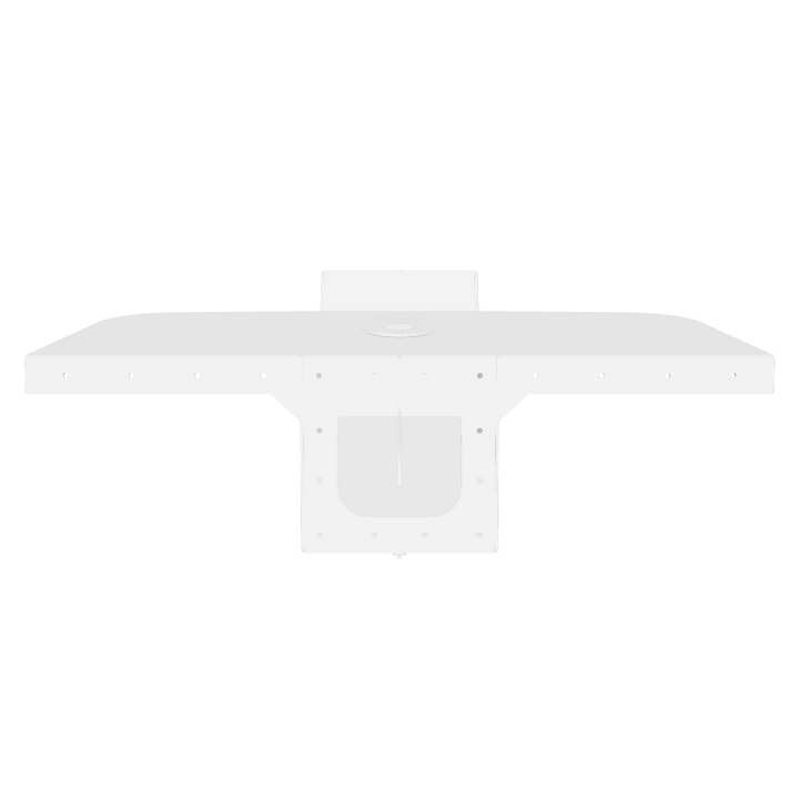 A white Standard Apex Single Engine 14° Transom Bracket viewed from the front, featuring a wide, flat surface with multiple holes for mounting and a central cutout for engine attachment. The bracket has a clean, minimalist design against a black background