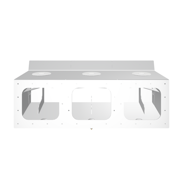 A white metal bracket labeled "Apex Triple NSP 3-Engine Bracket," featuring three large circular mounting holes on the top surface and three rectangular openings on the front side, set against a black background with a dotted grid