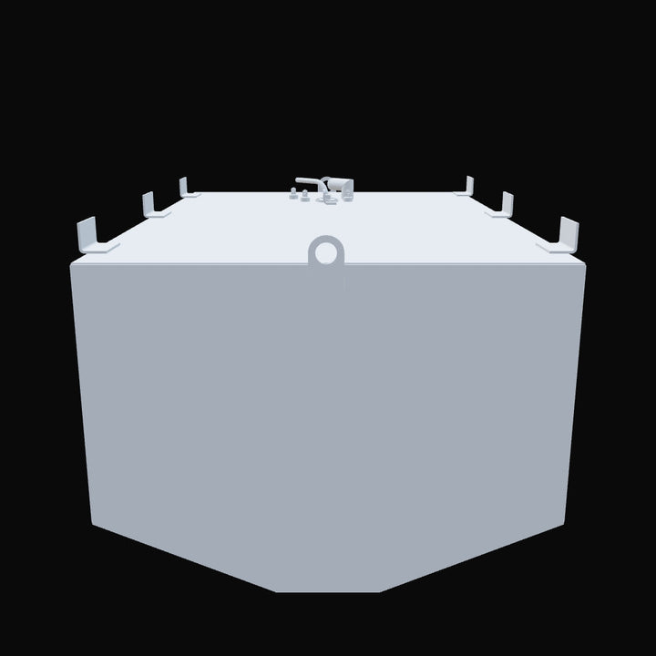 A 3D model rendering of a rectangular fuel tank shown from the front side. The tank is light gray in color with a smooth surface and has a slightly tapered bottom edge that narrows to a flat angled base. Along the top edges of the tank are multiple welded mounting brackets extending upward. The tank features various fittings and components on the top surface, including two pipe connectors, a sensor or wiring connector, and a circular lifting eye ring centered near the front edge.