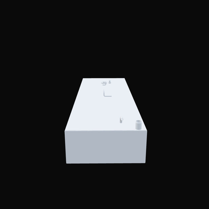 A minimalist 3D rendering of a light gray, rectangular fuel tank. The top surface features several small, simple fittings: a curved pipe, an L-shaped pipe, a small post, and a larger cylindrical opening
