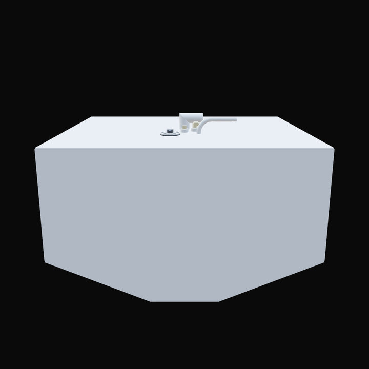Rendered configuration of OEM-style 90-gallon replacement fuel tank for 1991 Bayliner Trophy 24. Top surface integrates a circular sender plate with sensor housing, adjacent vent/return fittings, and auxiliary ports arranged for optimal deck access and line routing. Hardware placement confirmed for compatibility with vessel schematics, ensuring serviceability, signal routing, and compliance with fuel system safety protocols