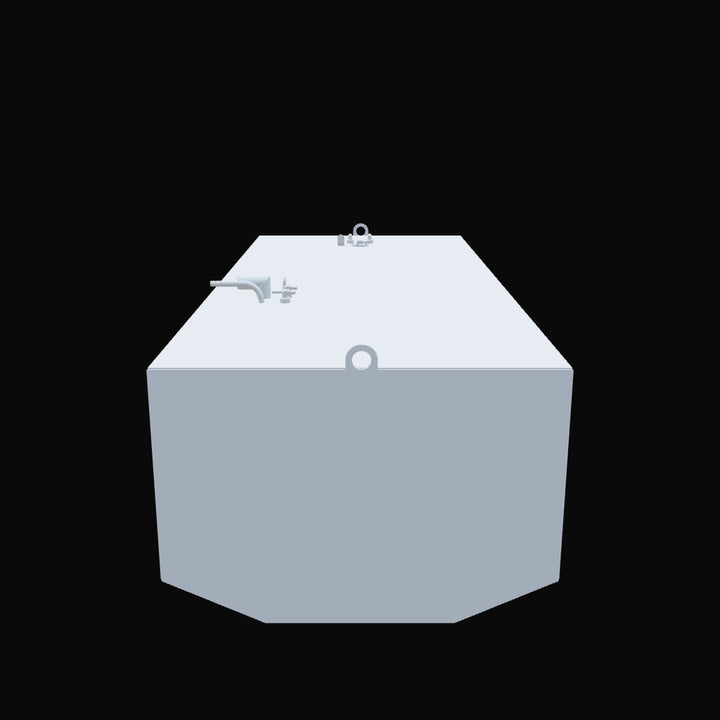 3D rendering of a rectangular marine fuel tank with slightly angled front bottom edges, viewed from the front. The tank is light gray and features several fittings and mounting loops on the top surface. The background is solid black