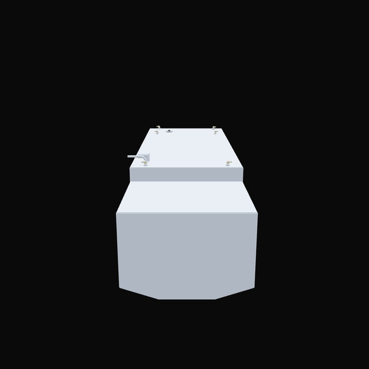A front view of a rectangular gray tank, featuring a flat top with several ports and a central inlet/outlet pipe. The tank has straight sides and an angled base, set against a black background