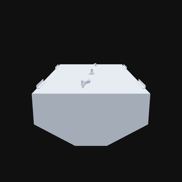 3D rendered image showing a rectangular OEM replacement fuel tank with a light gray surface and various fittings and mounting brackets on top. The front face of the tank is visible, with a slightly angled bottom edge. The background is black