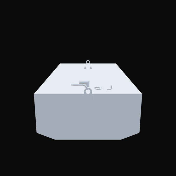 Front view render of a light gray OEM replacement fuel tank for a 2001 Cobia 25.4 boat, showing a chamfered bottom edge, front lifting tab, and top-mounted fittings for fill, vent, sender, and fuel pickups