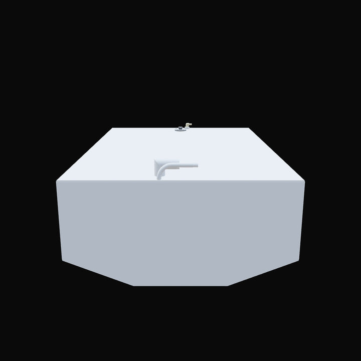 A light gray, untextured 3D model of a rectangular fuel tank with chamfered bottom edges is shown against a black background. The tank's top surface features two sets of fittings: a white L-shaped pipe near the center and a circular element with two small, brass-colored nubs towards the back right. The model is viewed from a slightly elevated, straight-on perspective