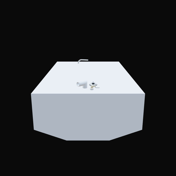 A light grey, rectangular fuel tank with an angled bottom edge is depicted against a black background. On its top surface, there is a curved pipe, a T-shaped pipe fitting, and a small circular cap with a lever