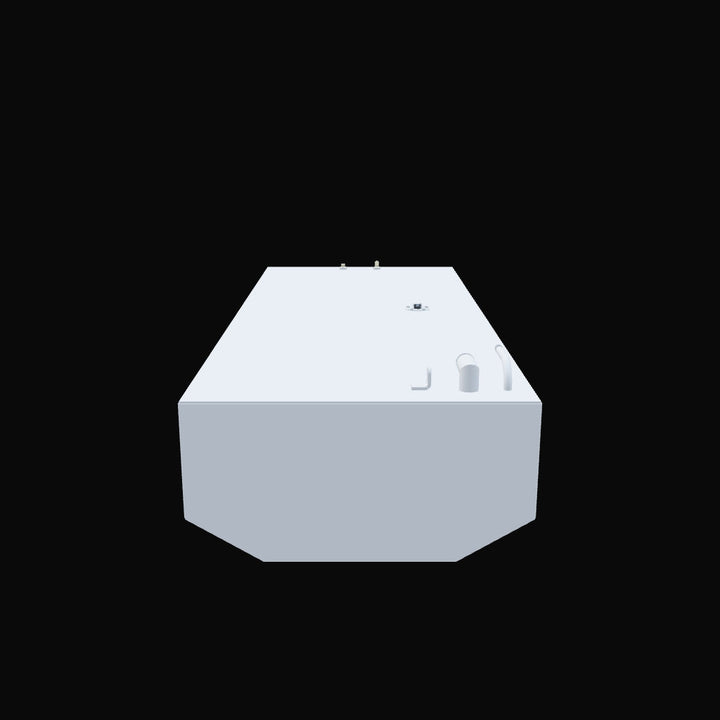  An overhead view of a light gray, rectangular fuel tank with multiple metal fittings on its top surface, including two brass-colored connectors, a dark gray circular component, a curved L-shaped pipe, and two cylindrical pipes. The tank has angled corners at one end and is set against a black background