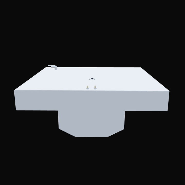 A light gray, rectangular fuel tank with an irregularly shaped, recessed bottom, designed to fit into a boat's hull. The top surface features a small, curved pipe on the left, a central circular opening with a silver rim, and two small golden posts on the right.

