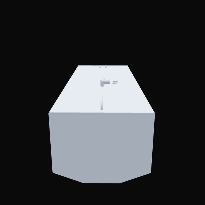 3D model of a rectangular fuel tank with a beveled front edge, light gray in color, shown from the front. The tank has multiple fittings on top, including a curved pipe and a circular capped opening, all set against a black background