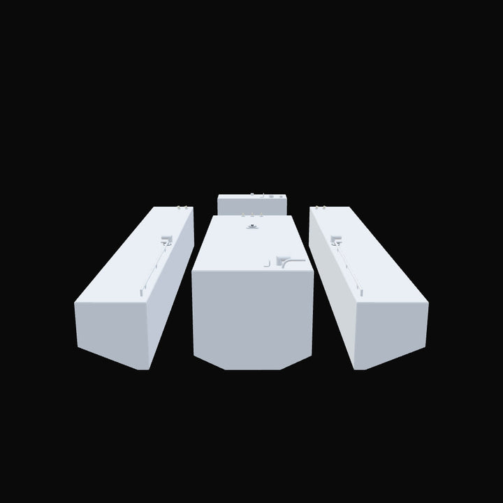 Three fuel and water tanks for the Contender 36 Open boat (1999-2006) arranged together, including one belly tank in the center and two saddle tanks on either side. The tanks are shown from a top-down angle, highlighting their fittings on the surface