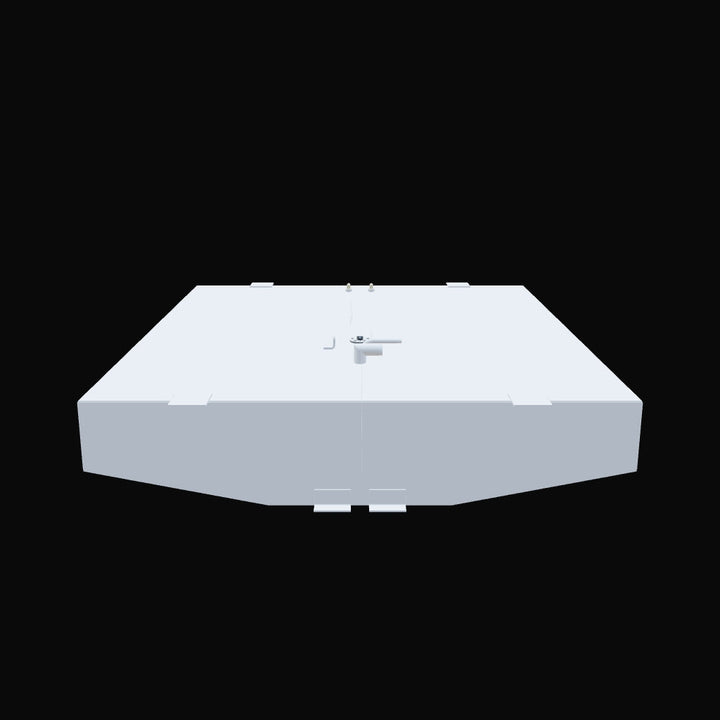 A light gray, wide, and rectangular fuel tank is depicted against a black background. The tank features a curved front and back edge, and its top surface has several rectangular protrusions along the perimeter. Various components are present on the top, including two small cylindrical fittings, a small L-shaped pipe, and a larger multi-component fitting with a short horizontal pipe. The bottom of the tank has two rectangular cutouts