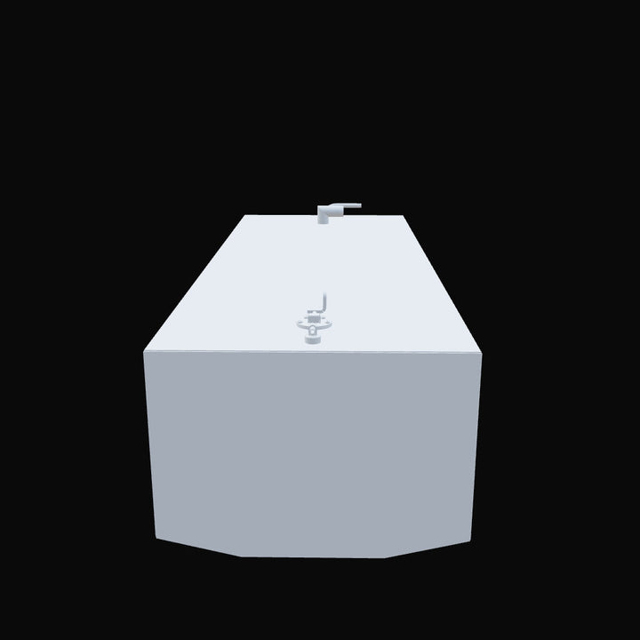 A 3D model of a rectangular boat fuel tank labeled "Century Boats 203 - 2000 - 98 gal. OEM Replacement Fuel Tank." The tank is shown on a black background viewed from an angled front-top perspective. It has a smooth surface with fittings on the top for fuel lines and sensors