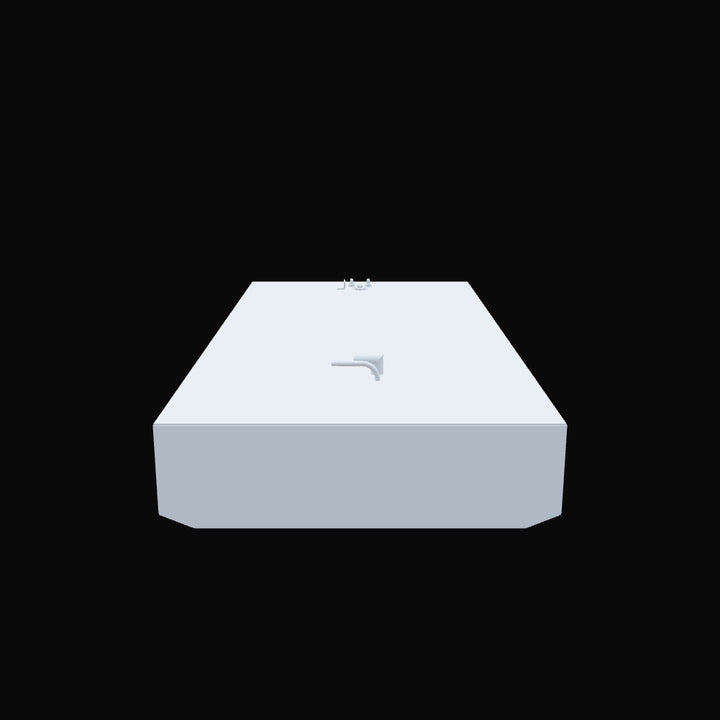 A light grey, rectangular fuel tank with an angled bottom corner, viewed from a slightly elevated, front-facing perspective. The top surface features various pipe connections and fittings, including golden-colored elements, a circular cap, and an L-shaped pipe. The tank is set against a solid black background