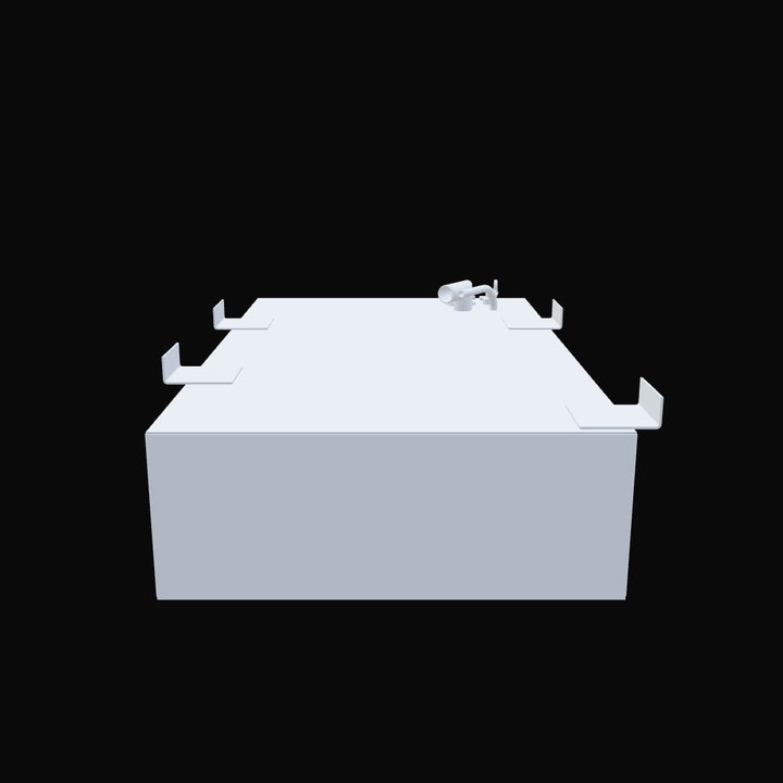 A side profile view of a 3D schematic for a compact, rectangular boat fuel tank, shown against a solid black background. The light-grey schematic displays four L-shaped mounting brackets attached to its top edges. A dense cluster of various fuel fittings is grouped together on the right side of the tank's top surface