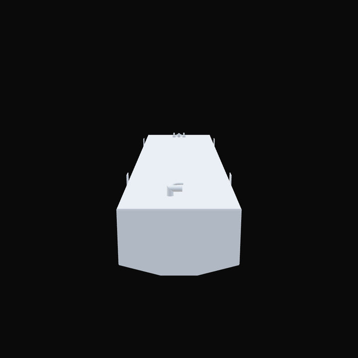 A white, rectangular fuel tank with a beveled front-left corner, featuring mounting brackets and various fittings on its top surface, against a black background