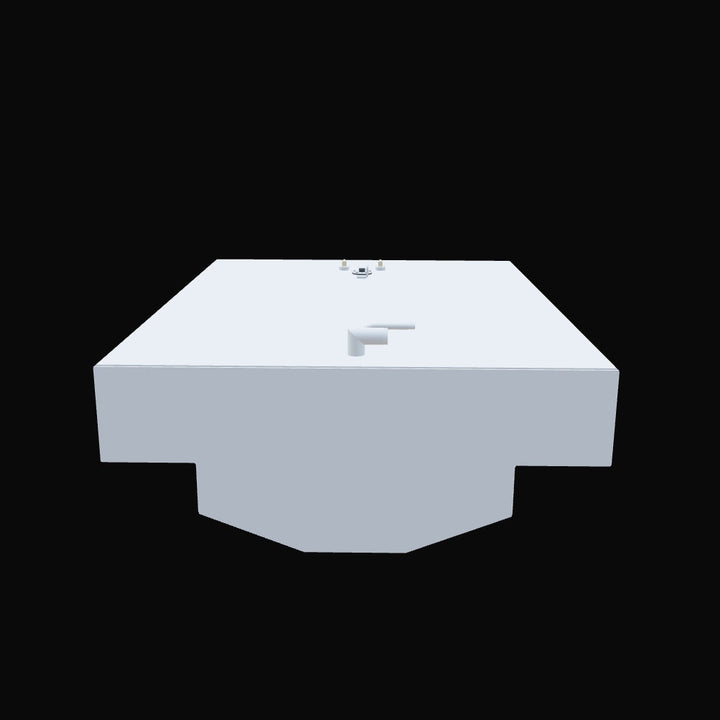 A light gray, rectangular fuel tank with a cutout on its bottom edge and various fittings on its top surface, including a larger L-shaped pipe, two smaller fittings, and a fill cap with a handle