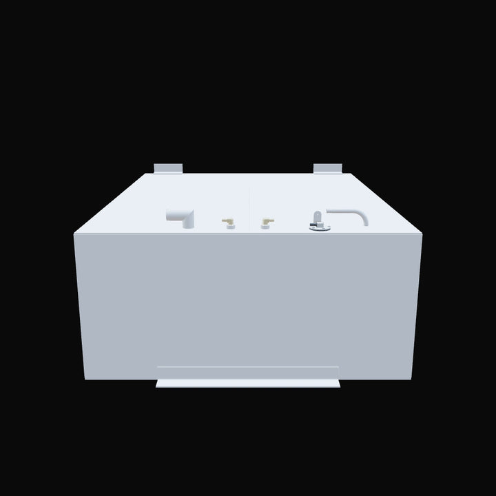 A light gray, rectangular fuel tank with multiple fittings on its top surface, including a larger L-shaped pipe, two smaller fittings, and a fill cap with a handle. Two mounting brackets are visible on the top edge, and a long, flat bracket is present on the lower front side