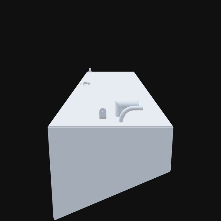 A 3D model of a Whitewater boat with dual 46-gallon fuel tanks, port side view, designed for offshore fishing with reliable and durable fuel storage