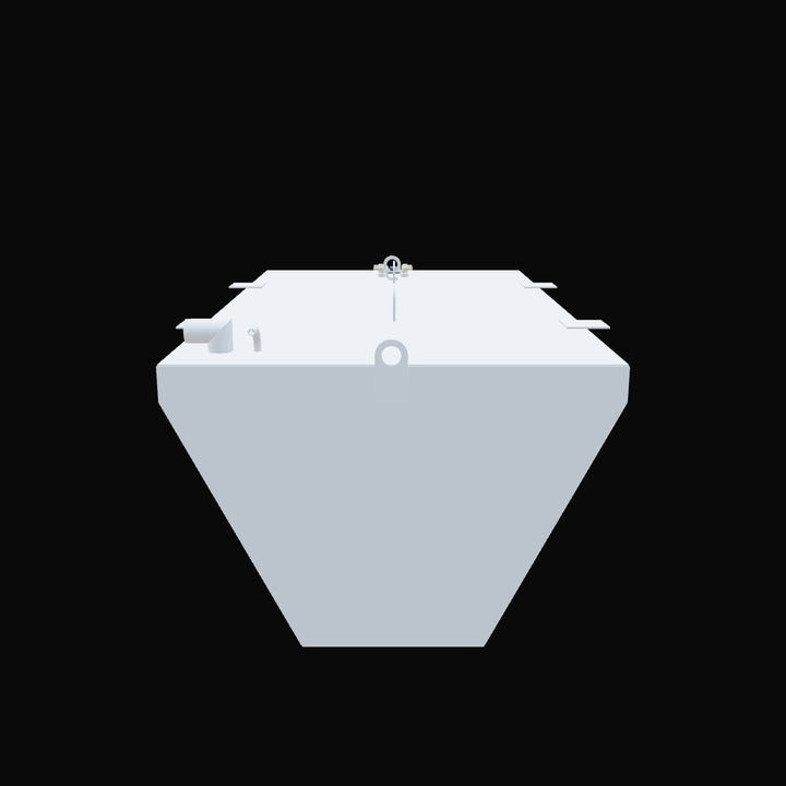 A light grey, irregularly shaped fuel tank is viewed from its narrow end, showing its trapezoidal cross-section. The top surface of the tank is visible, with several fittings and loops for attachment. The background is solid black