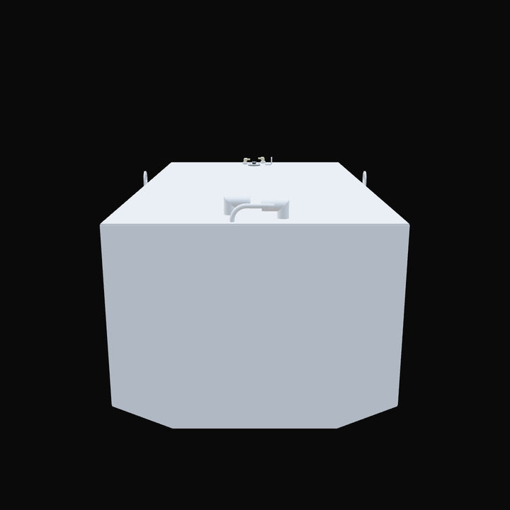 A light gray, rectangular fuel tank with an irregular hexagonal base is viewed from the front against a black background. Its top surface features various fittings, including a white L-shaped pipe, a circular component, brass-colored valves, and two silver U-shaped loops