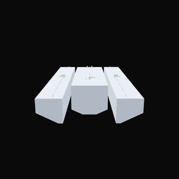 3D view of three white rectangular fuel tanks arranged side by side. The middle tank has a more angled front, and all tanks have metallic fittings and a railing on top. The background is black