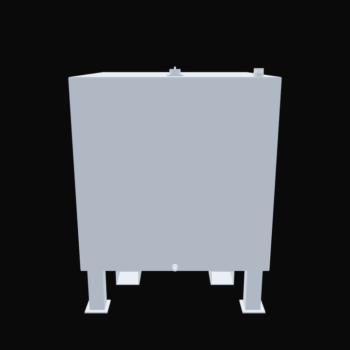 A light gray, rectangular fuel tank with four legs, featuring a small nozzle or valve on the lower front and two openings on the top surface