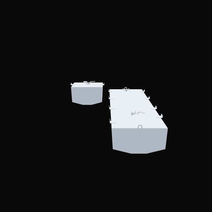 OEM replacement bow and belly fuel tank combo kit for Mako 282, featuring a 193-gallon belly tank and a 47-gallon bow tank, displayed in a 3D view