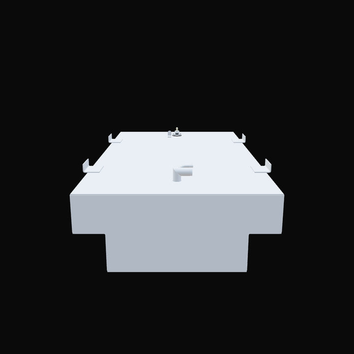 A light gray, rectangular fuel tank with a prominent rectangular cut-out along its bottom edge, viewed from the front. The top surface features a white L-shaped pipe near the center, and a circular fitting with several smaller components towards the back. Four white L-shaped brackets are positioned on the tank's top edges