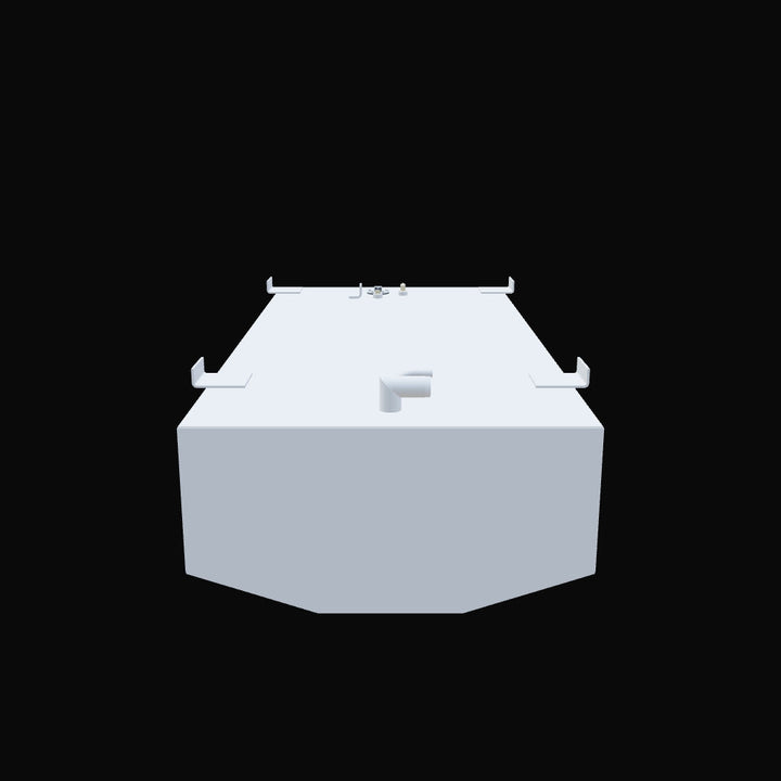 A light gray, rectangular fuel tank with a slightly angled front. It features various fittings on its top surface, including a white L-shaped pipe near the center and several smaller, metallic components towards the back. Four white brackets are attached to the tank's edges