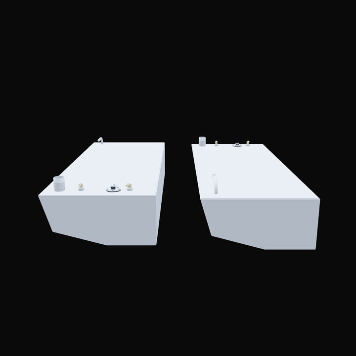 Two rectangular, light grey fuel tanks are shown against a black background. Both tanks have various fittings on their top surface, including caps, nozzles, and what appears to be fuel lines. One tank has a curved, white pipe extending from its top. The tanks are oriented slightly differently, showing their front and top surfaces