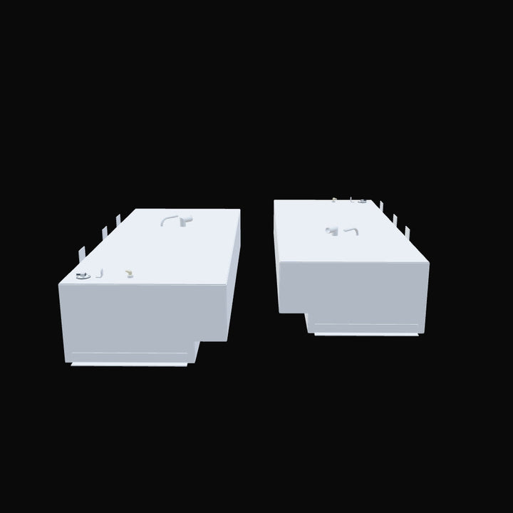 Two white, rectangular saddle fuel tanks with stepped bottoms and various fittings on their tops, presented against a black background