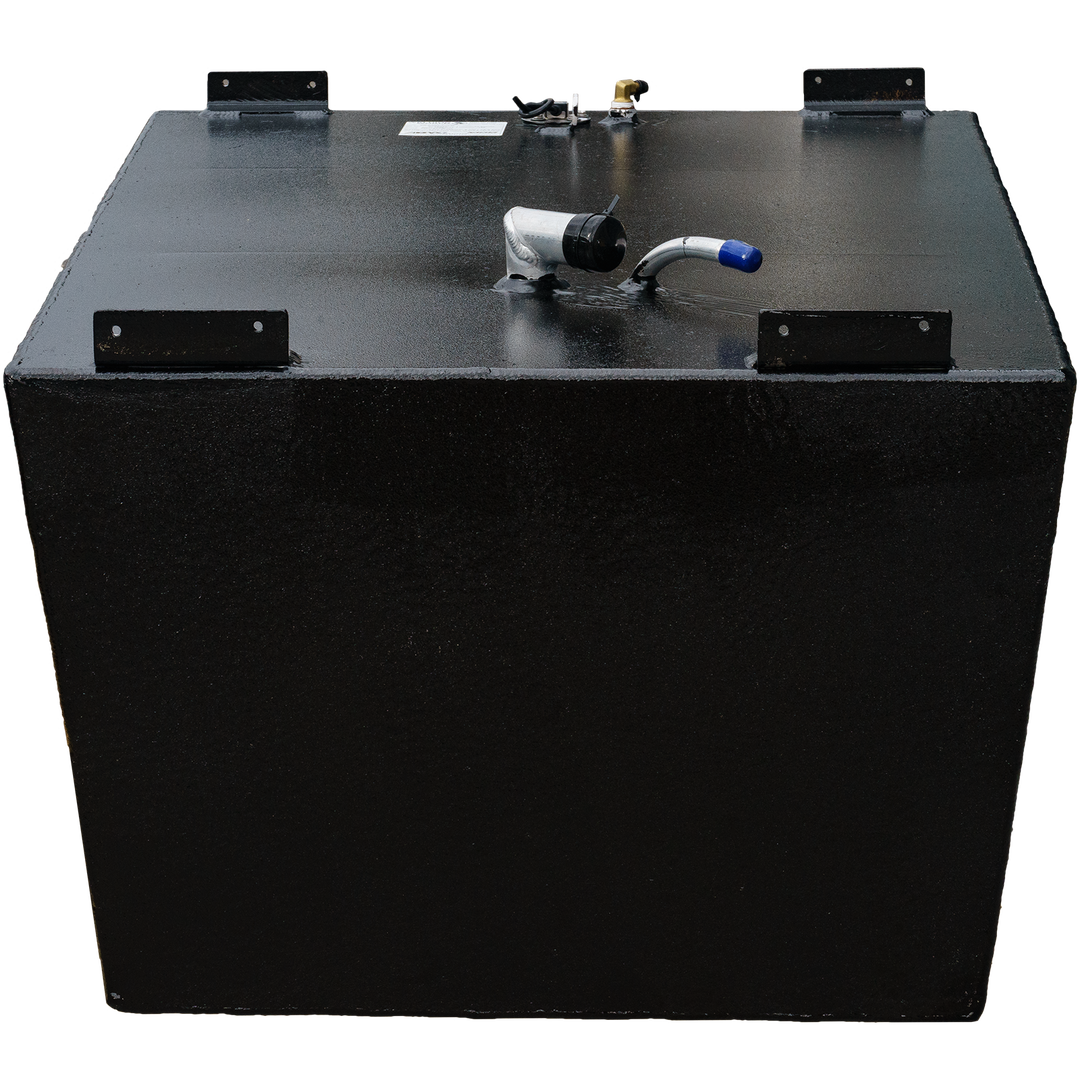 A black, textured, rectangular fuel tank, seen from the front and slightly above. It has four black mounting brackets, two on each side of the top surface, and several fittings including one with a blue-tipped hose, and a fuel gauge assembly. The background is a black and gray checkered pattern