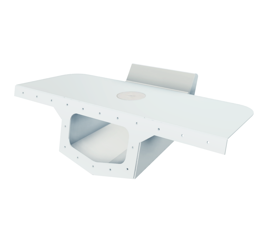 A white Proline 21' 1987 High Flotation Single Engine Bracket displayed against a transparent background, showcasing its unique shape and design