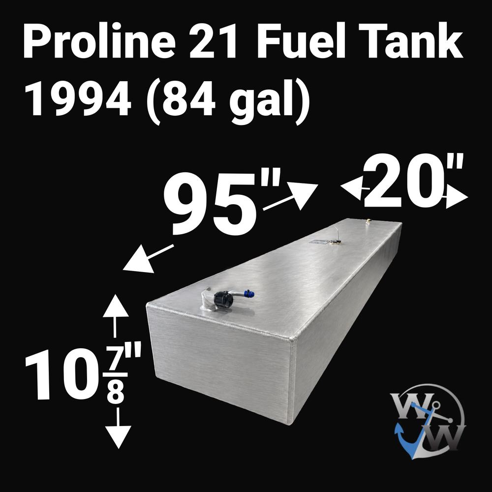 A high-angle studio product graphic diagram of an unencapsulated, mill-finish Proline 21 OEM replacement marine fuel tank (84 gal 1994) from file image_1525b8.jpg, isolated against a black background. Bold white text overlays detail the exact physical dimensions for the 1994 Proline 21 model, specifying an 84-gallon capacity, a length of 95 inches, a width of 20 inches, and a height of 10 7/8 inches. Precision-fabricated from heavy-gauge marine-grade 5052-H32 aluminum, the long low-profile rectangular body 
