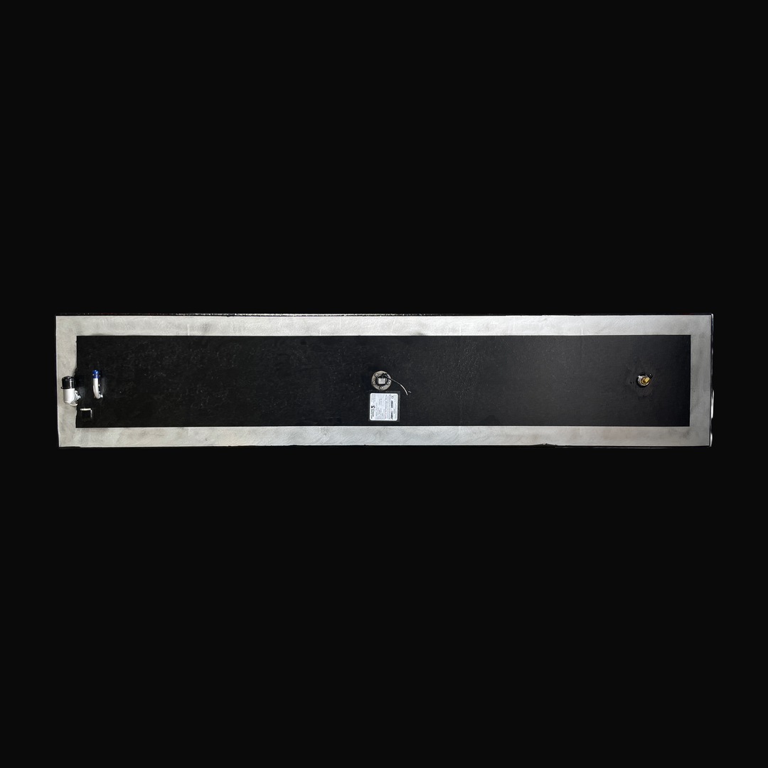 A studio top-down plan view displaying the full length of a physical, finished black encapsulated Proline 21 OEM replacement marine fuel tank (84 gal 1994) from file image_152181.png, isolated against a black background. Precision-fabricated from heavy-gauge marine-grade 5052-H32 aluminum, the main deck is fully coated in a protective, textured black TarGard epoxy coating framed by clean bare aluminum border margins. The top deck fitting arrangement shows a forward-mounted 90-degree aluminum fuel fill neck 