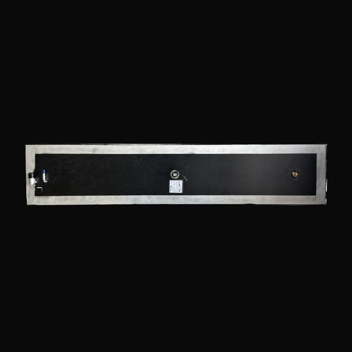 A studio top-down plan view displaying the full length of a physical, finished black encapsulated Proline 21 OEM replacement marine fuel tank (84 gal 1994) from file image_152181.png, isolated against a black background. Precision-fabricated from heavy-gauge marine-grade 5052-H32 aluminum, the main deck is fully coated in a protective, textured black TarGard epoxy coating framed by clean bare aluminum border margins. The top deck fitting arrangement shows a forward-mounted 90-degree aluminum fuel fill neck 