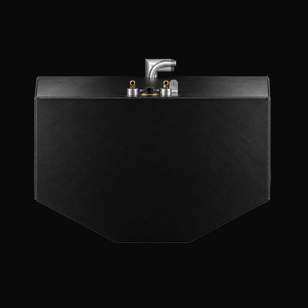 A studio front/end profile view highlighting the compound V-bottom hull contour, protective black TarGard epoxy coating, and top-mounted fill neck, vent, and dual pickup/sending unit cluster of a finished Proline 23 WA replacement marine fuel tank (140 gal) from file image_7d4034.jpg against a black background. Fabricated by Welding World in Miami, FL from heavy-gauge marine-grade aluminum, the end geometry showcases a precision 100% direct drop-in fit.