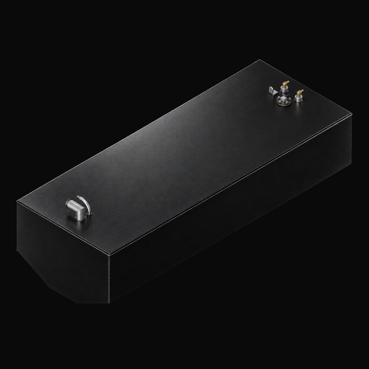 A studio high-angle perspective view showcasing the upper deck surface, stepped bottom hull contour, and factory fitting cluster of a finished, black TarGard epoxy-coated Proline 23 WA replacement marine fuel tank (140 gal) from file image_7d3c4b.jpg against a black background. Fabricated by Welding World in Miami, FL from heavy-gauge marine-grade aluminum, the long rectangular tank displays precision routing of fuel fill necks, vents, and dual fuel pickup/sending unit assemblies engineered for a 100% direc