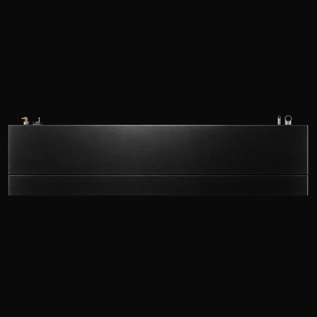 A studio low-angle profile side view showcasing the long rectangular body, protective black TarGard epoxy coating, and top deck fittings of a finished Proline 23 WA replacement marine fuel tank (140 gal) from file image_7d3cc9.jpg against a black background. Fabricated by Welding World in Miami, FL from heavy-gauge marine-grade aluminum, the side elevation highlights precision placement of fill necks, vent assemblies, and pickup/sending units engineered for a 100% direct drop-in fit.