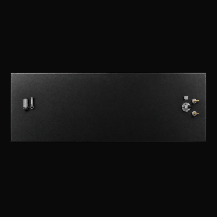 A studio top-down flat-lay view showcasing the upper deck surface, protective black TarGard epoxy coating, and factory fitting layout of a finished Proline 23 WA replacement marine fuel tank (140 gal) from file image_7d3d2d.jpg against a black background. Fabricated by Welding World in Miami, FL from heavy-duty marine-grade aluminum, the rectangular panel highlights precision placement of fill necks, vent lines, and dual fuel pickup/sending unit assemblies engineered for a 100% direct drop-in fit.